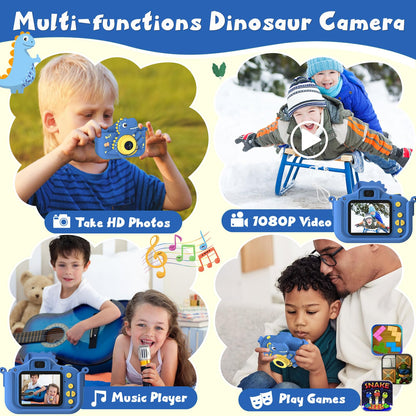 Blue toddler camera by NIDOOT highlighting the dual selfie lens feature and compact design for small hands.