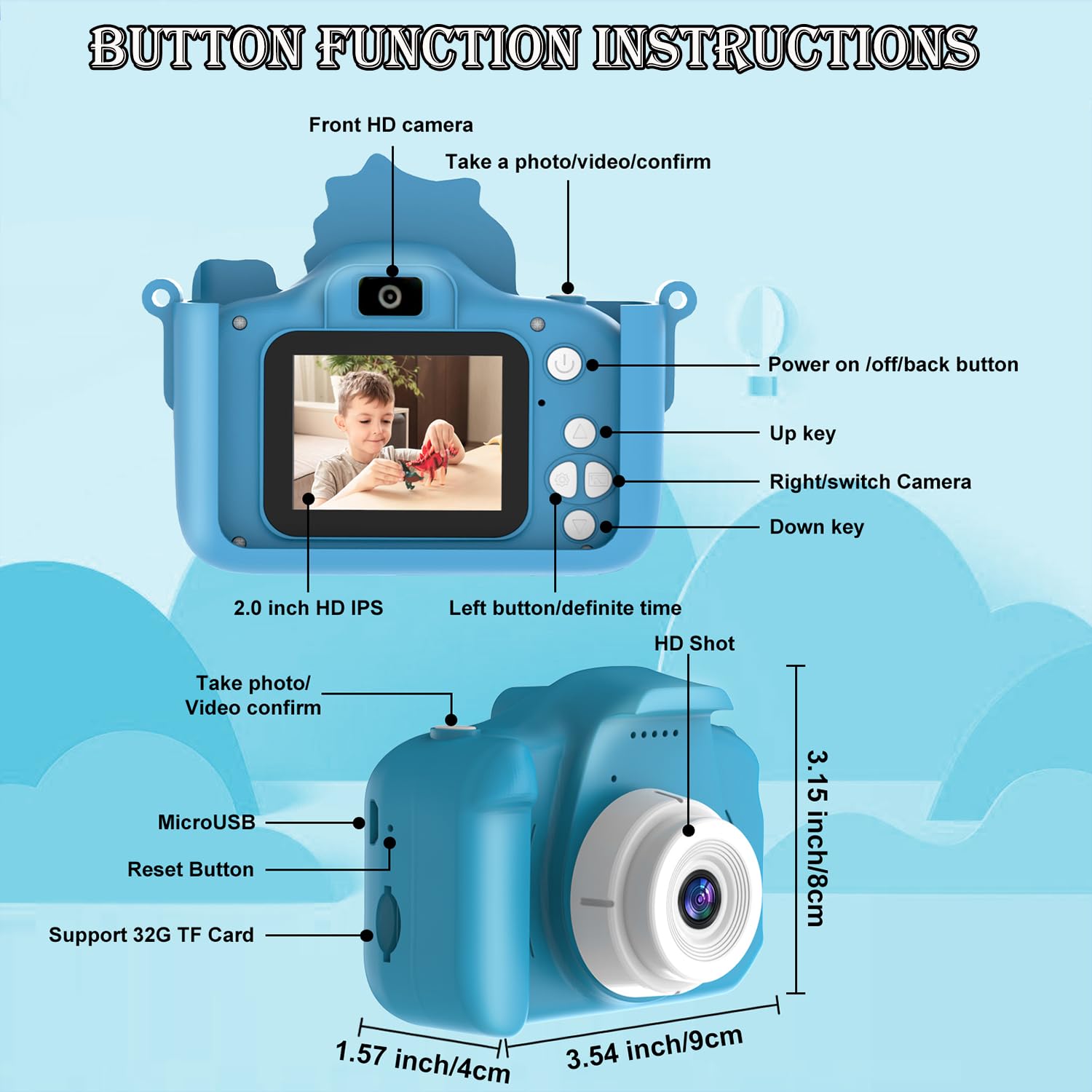 TocsQron imported blue selfie toy camera showing the dual front and rear lens orientation.