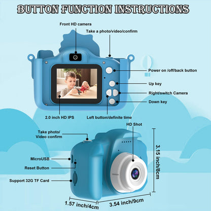 TocsQron imported blue selfie toy camera showing the dual front and rear lens orientation.
