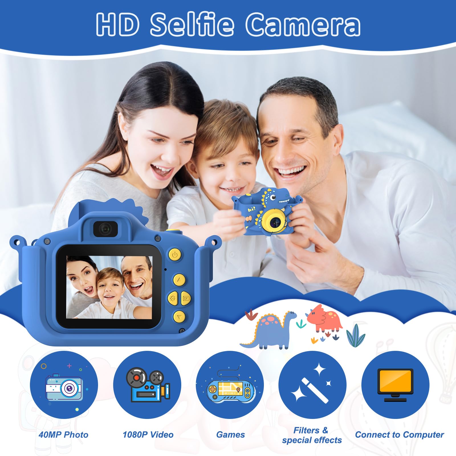 Side perspective of the shockproof kids camera toy showcasing its durable construction and secure lanyard attachment.