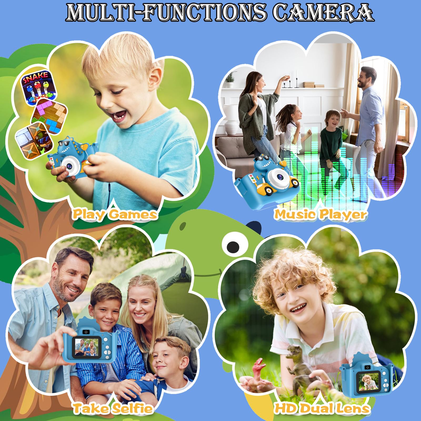 A child holding the lightweight blue dinosaur digital camera during outdoor travel play.