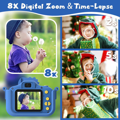 Rear display view of the NIDOOT children digital camera showing the interactive menu screen and button controls.