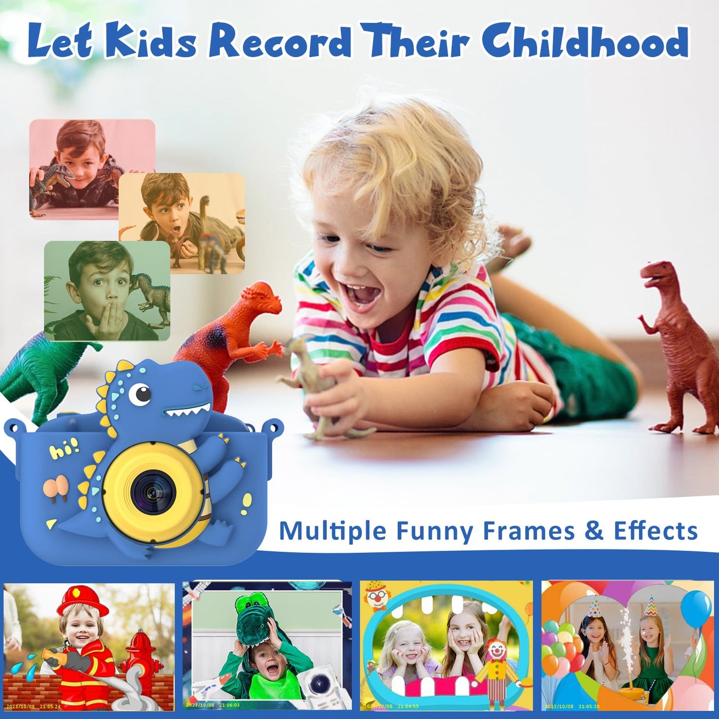 Close up shot of the eco friendly dinosaur silicone cover on the blue digital selfie camera for boys.