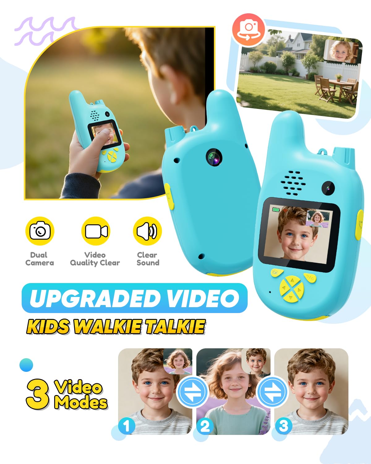 Blue rechargeable two-pack children walkie talkies showcasing the front and rear camera lenses.