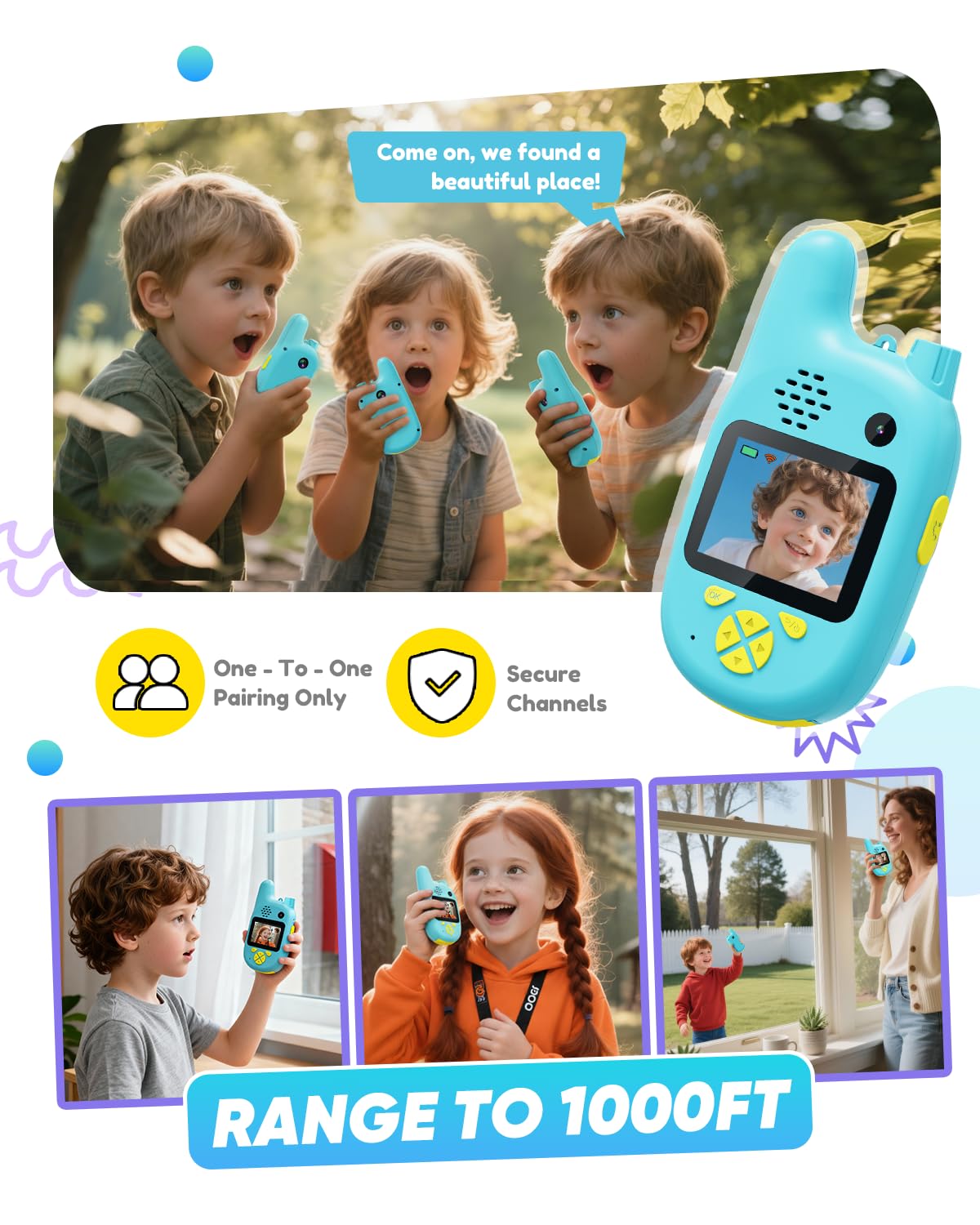 Handheld video intercom toy for boys and girls highlighting the compact design and menu buttons.