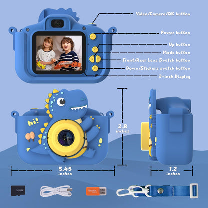 A child holding the NIDOOT blue dinosaur digital video recorder emphasizing its portable and lightweight body.