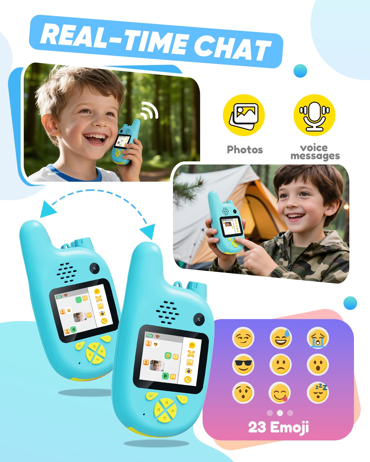 Kid-safe two-way radio set demonstrating the built-in HD screen and menu options.