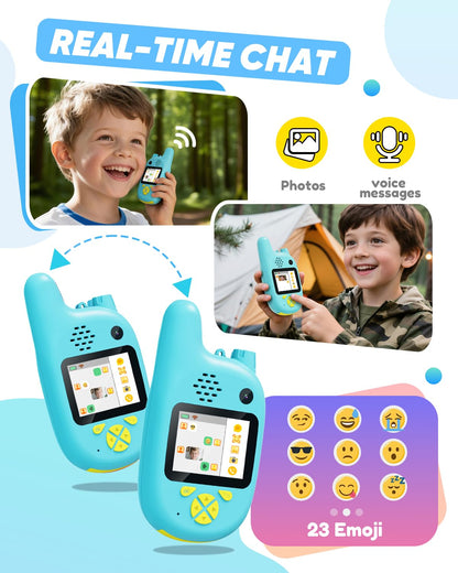 Kid-safe two-way radio set demonstrating the built-in HD screen and menu options.