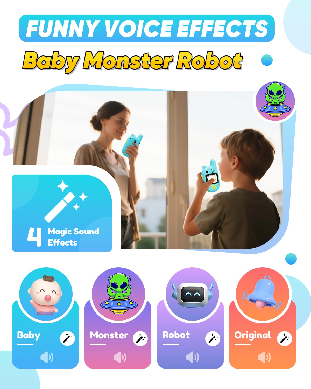Premium rechargeable communication toy for ages three to nine showing the robust ABS plastic casing.