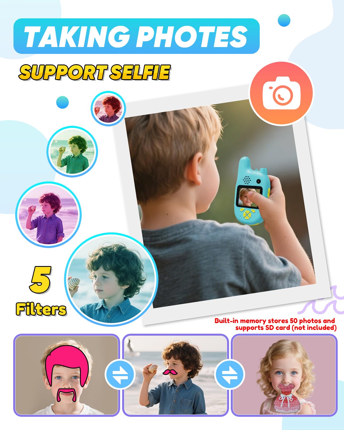 Dual camera kids walkie talkies illustrating the localized offline video calling feature.