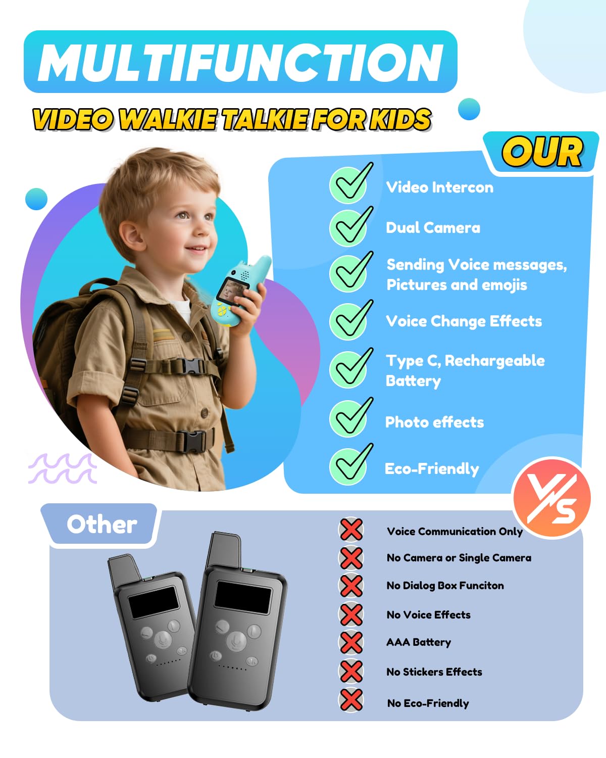 Imported Pussan interactive toy radios displaying the voice changer and emoji settings on screen.