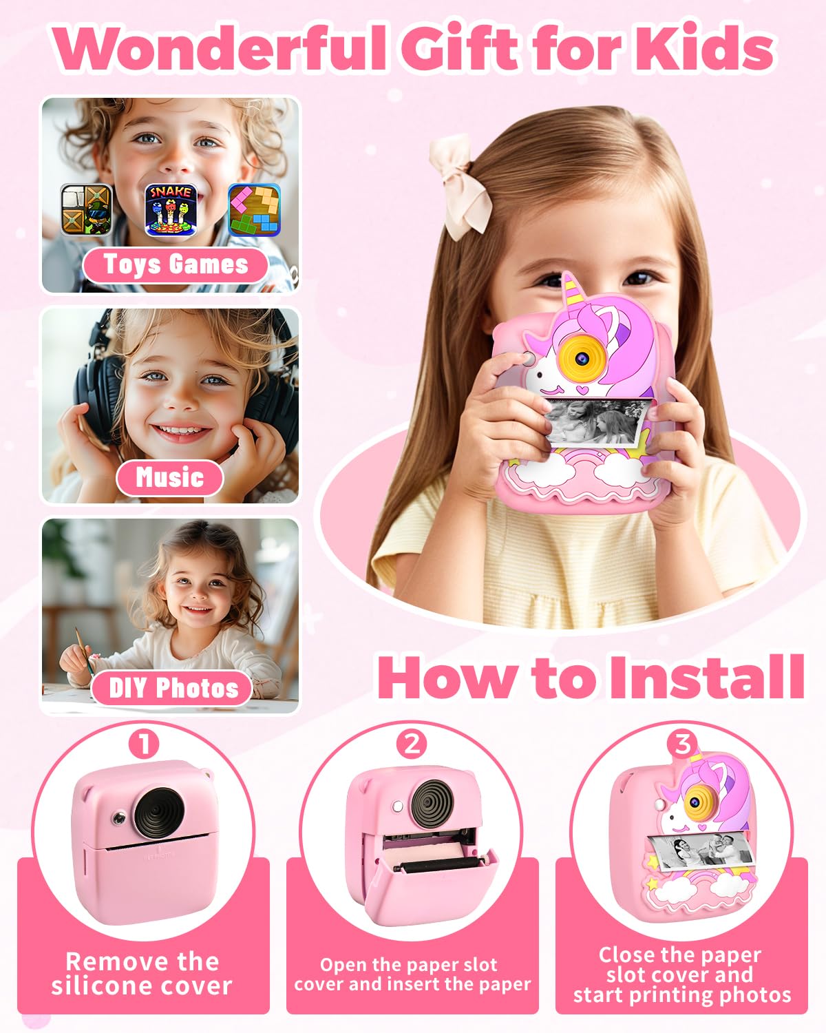 Yingoot 48 megapixel kids camera displaying built in puzzle games function