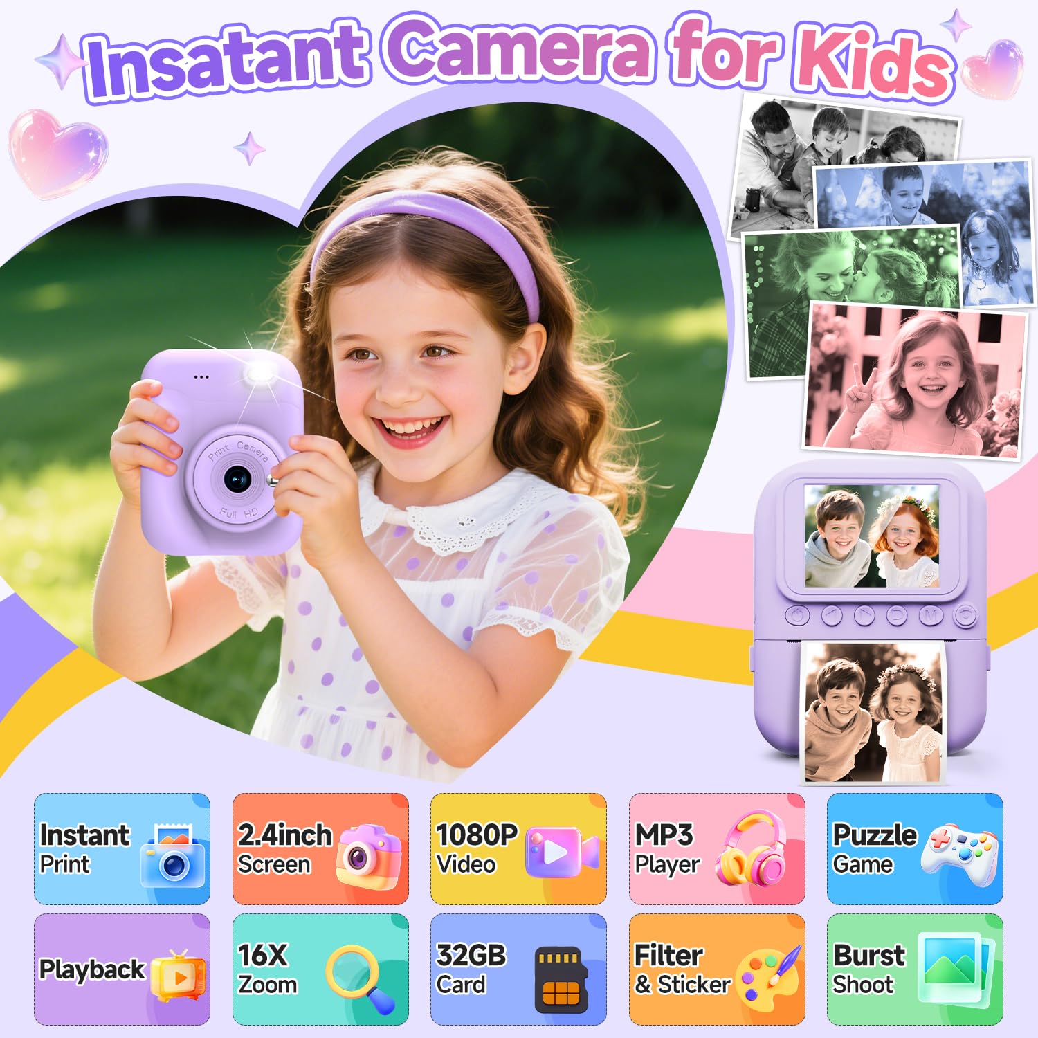 Minibear children photographic device showing the thermal paper compartment and lens