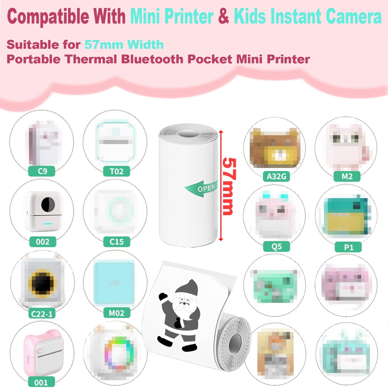 Self adhesive inkless thermal paper rolls showing the fifty seven millimeter width measurements.