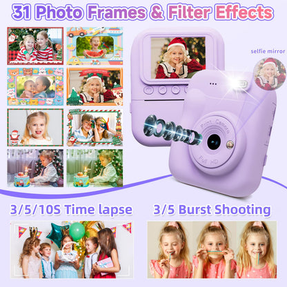 Minibear instant camera showing a freshly printed photo rolling out of the top slot