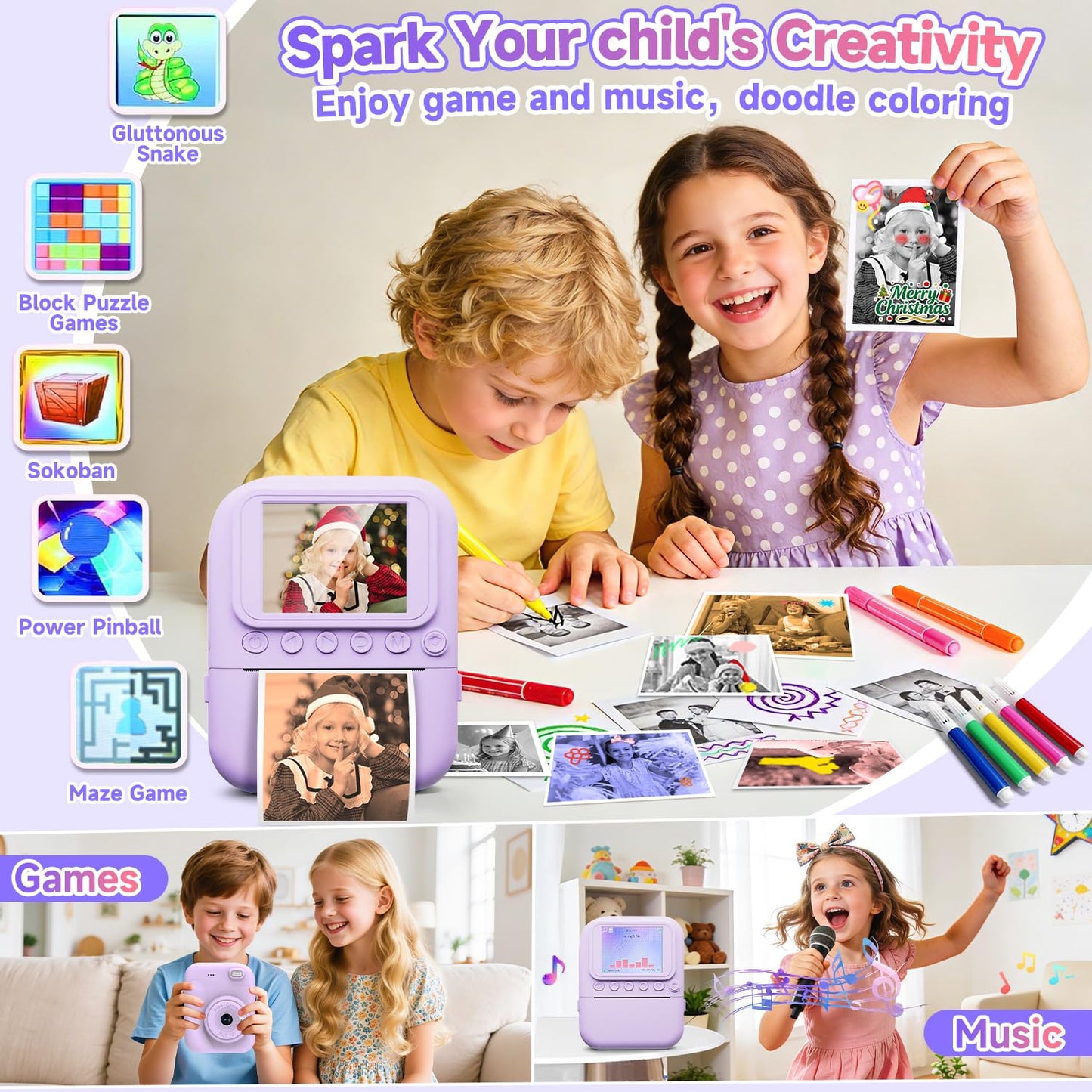 Minibear purple camera surrounded by included paper rolls and colored pencils