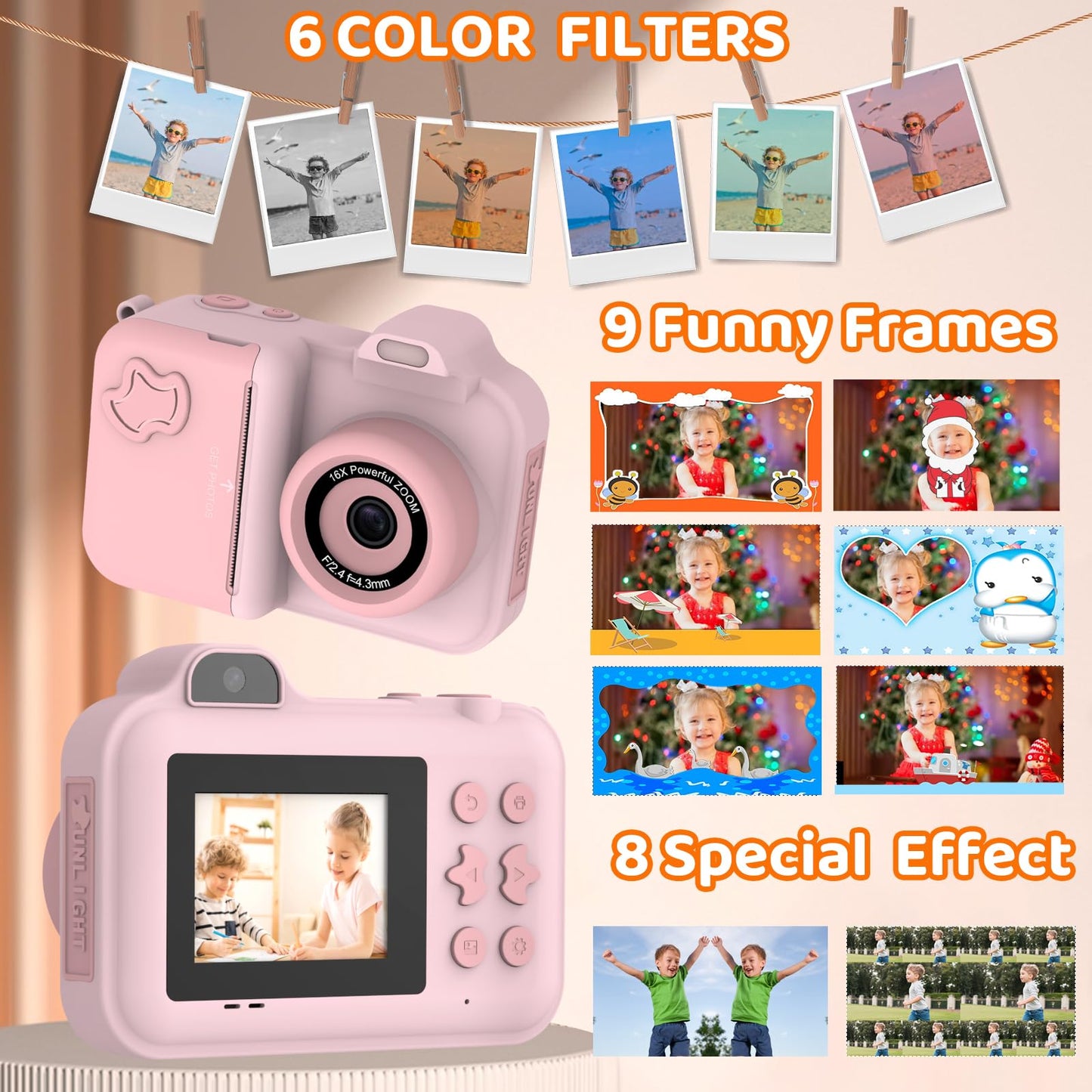 Xuweicn children selfie camera rear screen view displaying the user interface menu and controls.