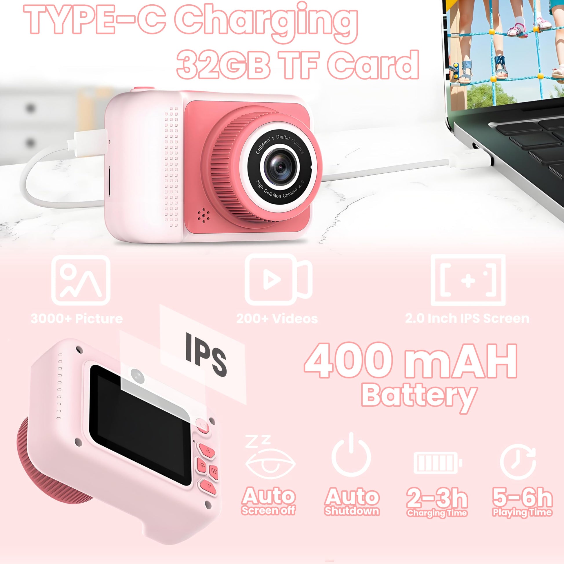 LETONGJH children video camera back angle showing the two inch color display screen interface