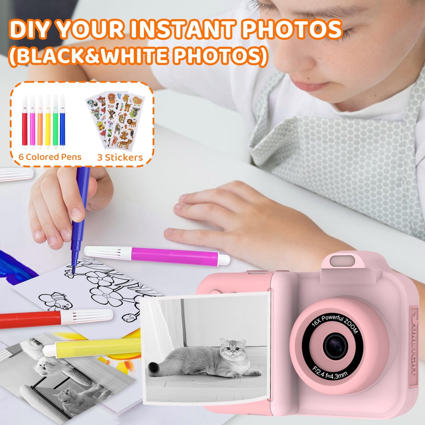 Xuweicn children creative camera kit inside its premium gift packaging box with color pens.
