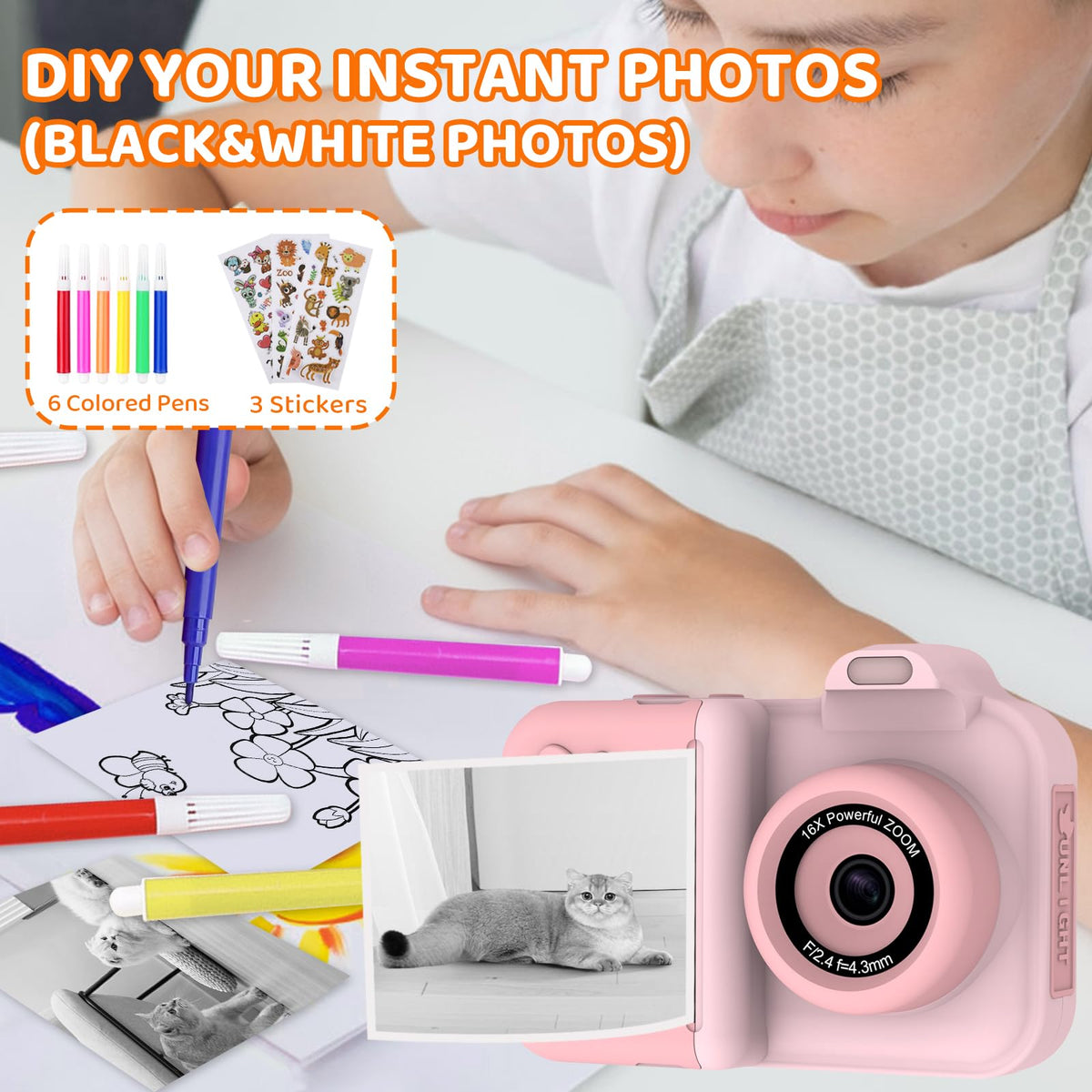 Xuweicn children creative camera kit inside its premium gift packaging box with color pens.