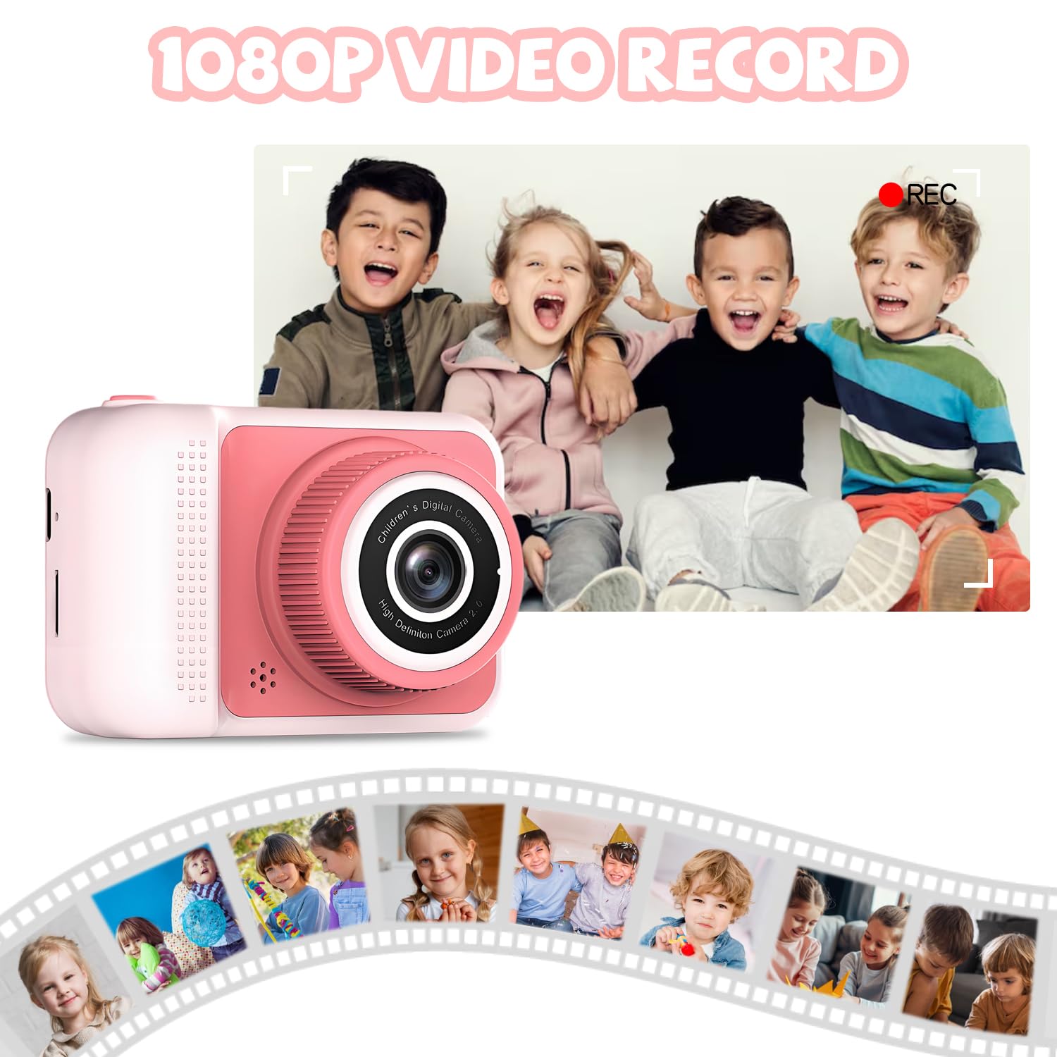 LETONGJH pink toy camera packaging contents including the thirty two gigabyte storage card and charging cord
