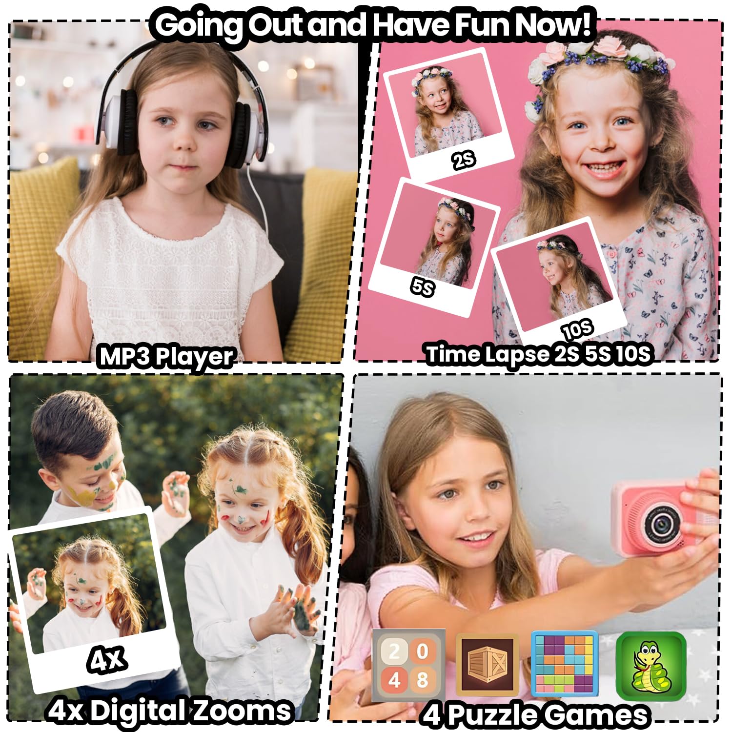 LETONGJH educational digital camera displaying the built-in puzzle game menu on the liquid crystal screen