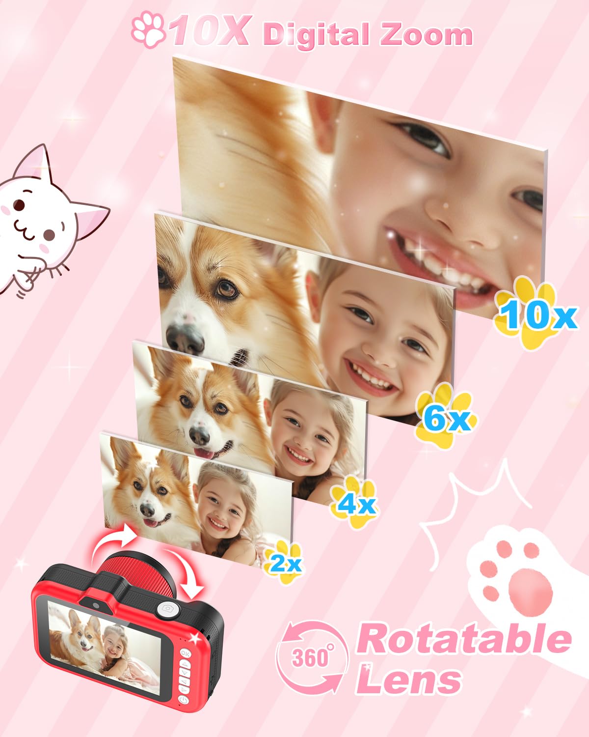 Blue premium kids video camera showing the dual lens selfie interface configuration
