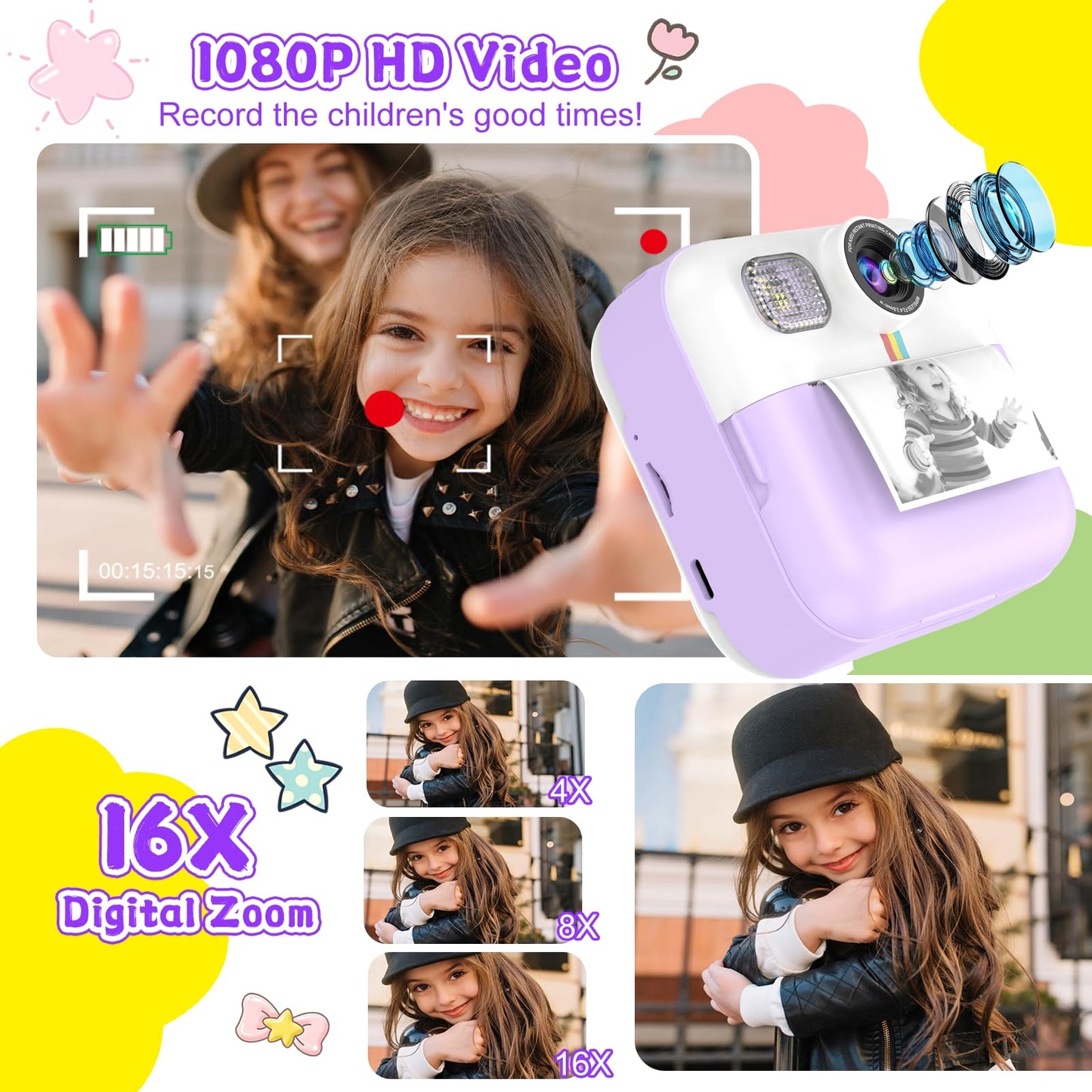 Dafotil kids camera accessories including thermal paper rolls and coloring pens