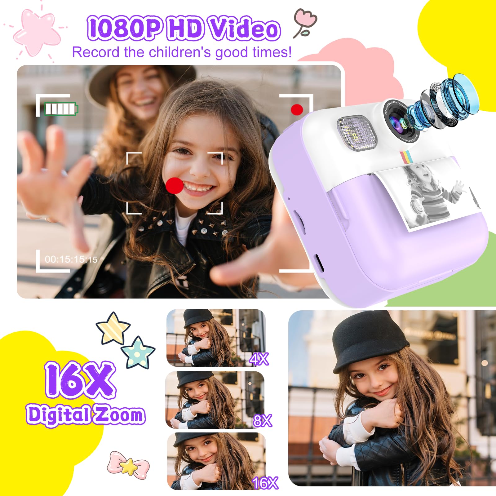 Dafotil kids camera accessories including thermal paper rolls and coloring pens