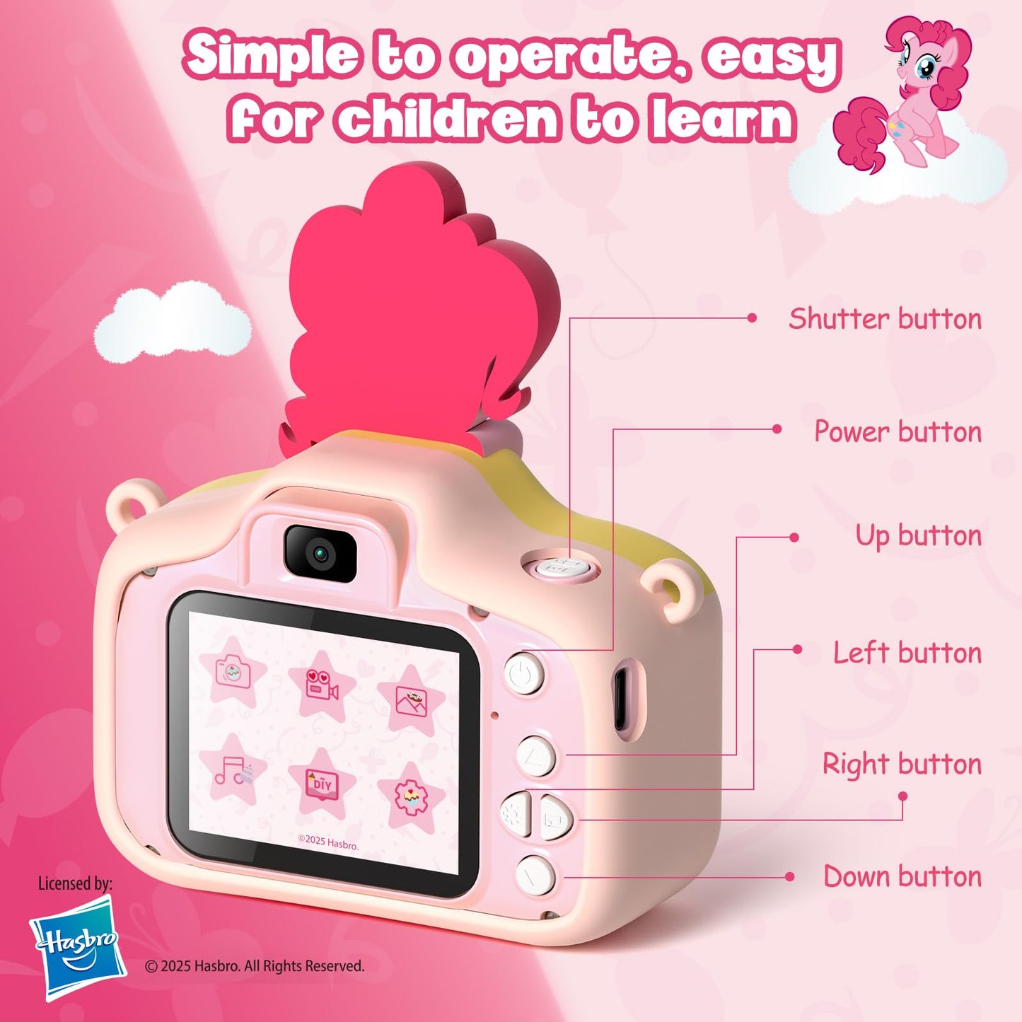 Pinkie Pie themed toddler camera showcasing the protective silicone outer shell casing