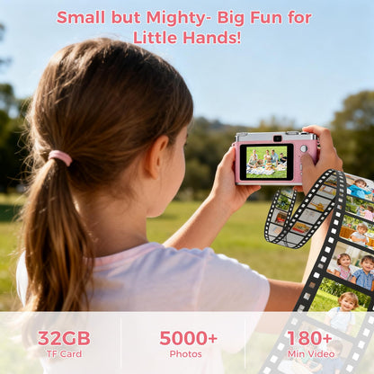 Zyxva shockproof toy camera side view highlighting the durable pink compact frame
