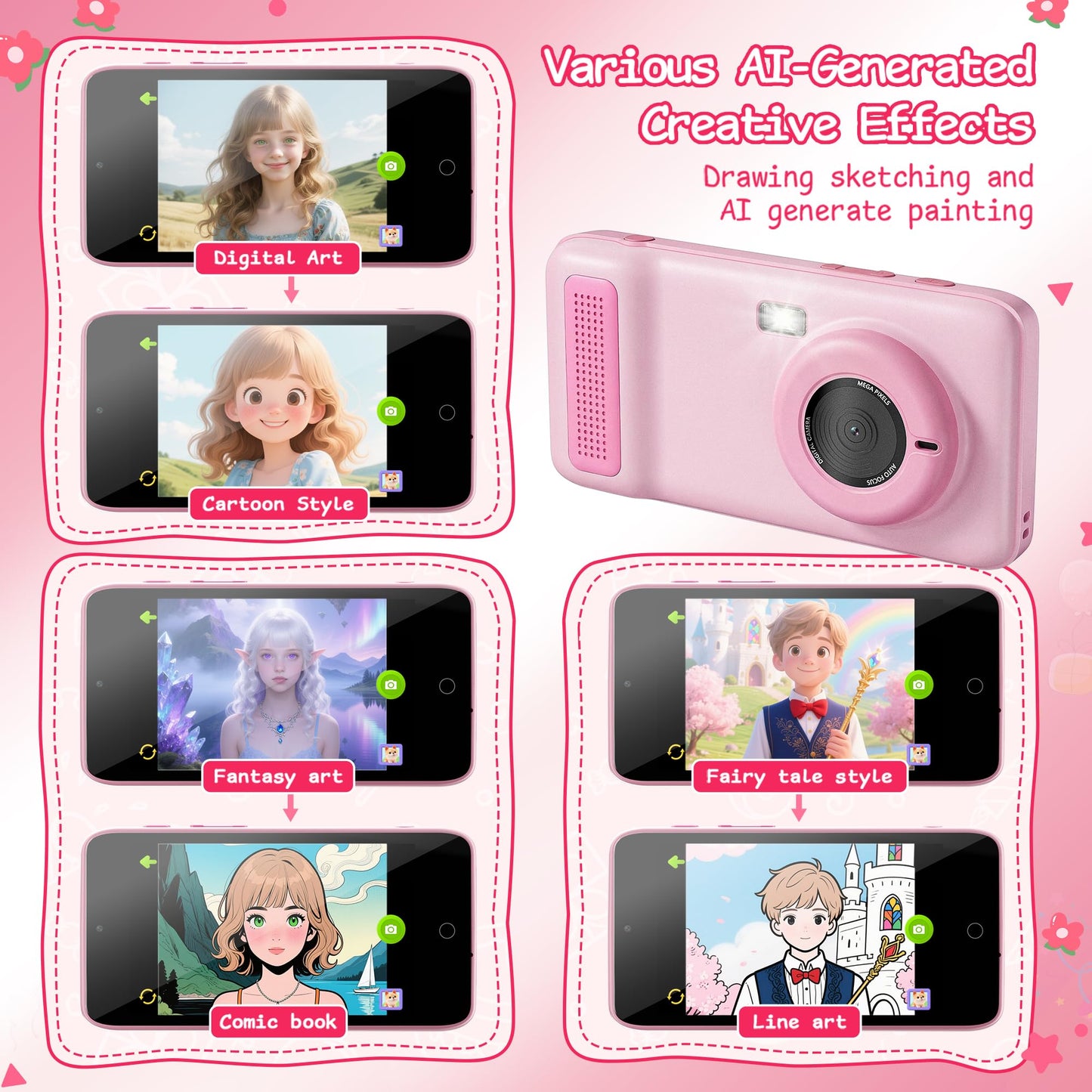Side profile of the durable pink AI learning camera showing the shockproof silicone bumper and lanyard attachment.