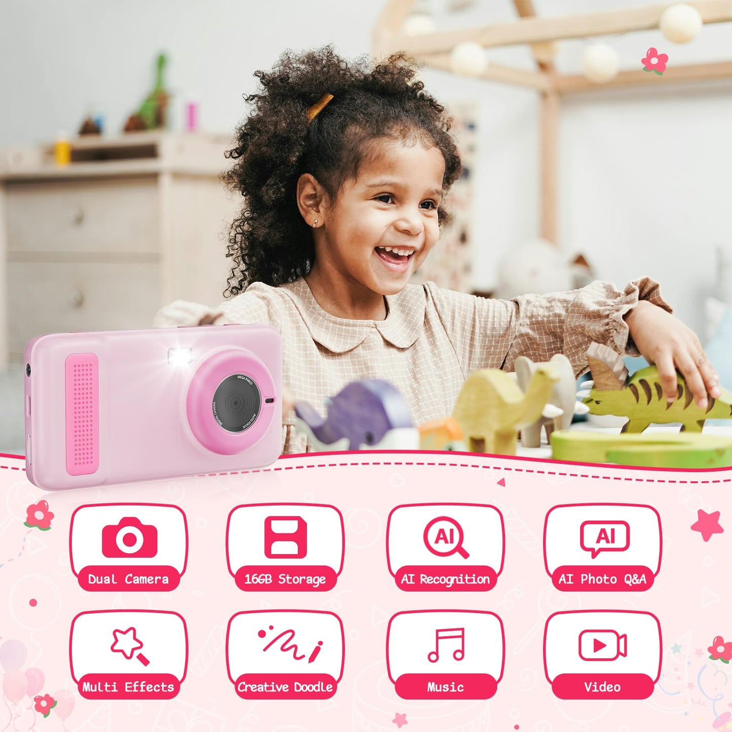 A child holding the pink Gisotu AI camera using the included safety neck lanyard during an outdoor trip.