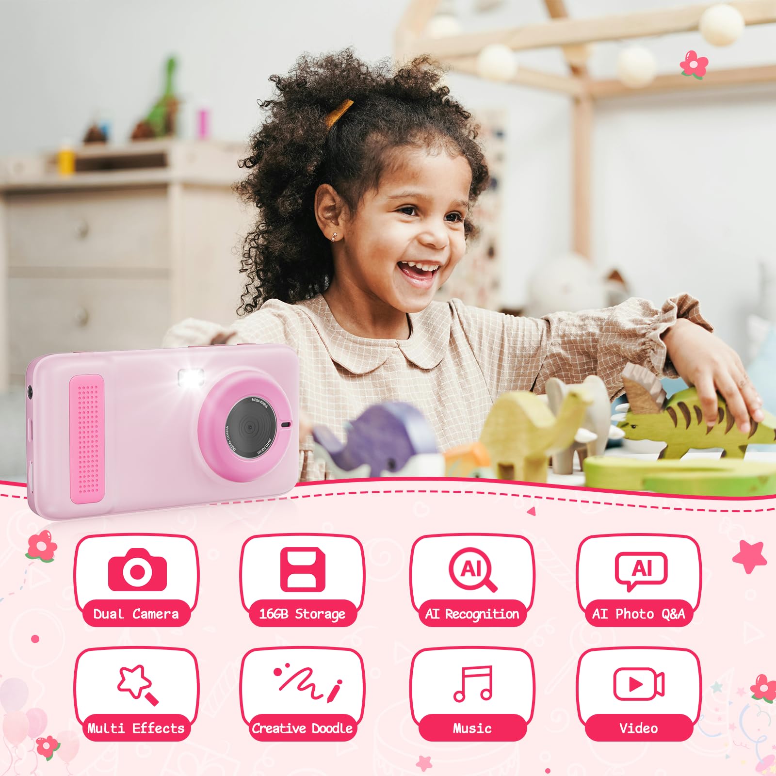 A child holding the pink Gisotu AI camera using the included safety neck lanyard during an outdoor trip.