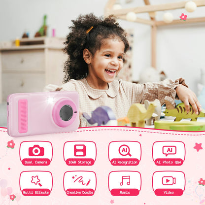 A child holding the pink Gisotu AI camera using the included safety neck lanyard during an outdoor trip.