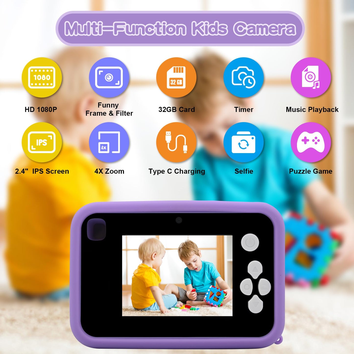 Fretrecy toddler camera mounted securely on the included blue detachable mini tripod stand