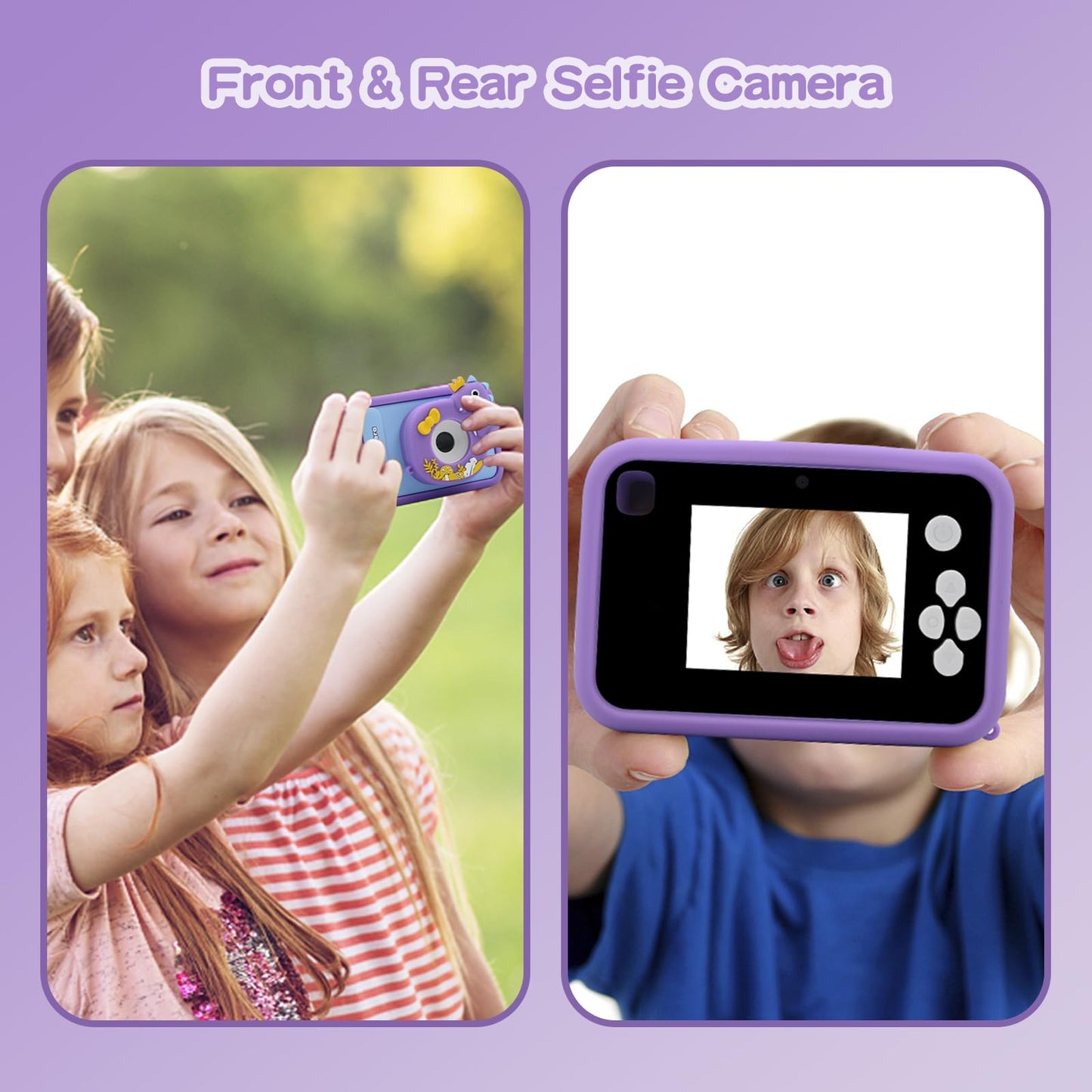 Fretrecy 48MP digital toy camera bundle with 32GB memory card, charging cable, and decorative stickers