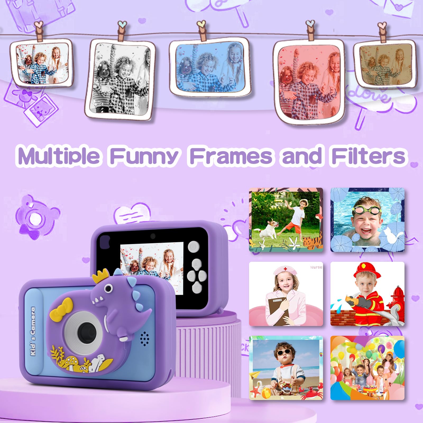 Young child easily holding the lightweight blue elephant themed digital video camera with lanyard