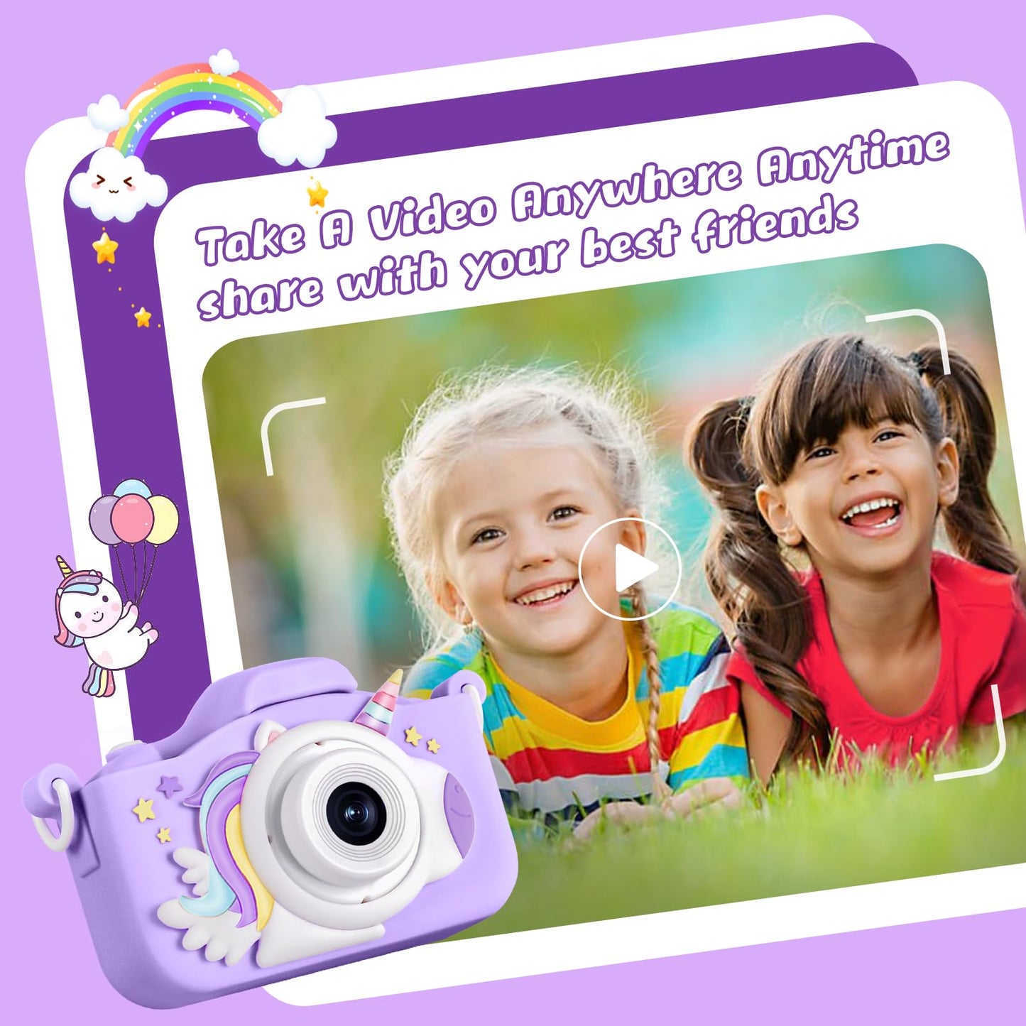 Toddler digital camera with attached matching purple neck lanyard strap