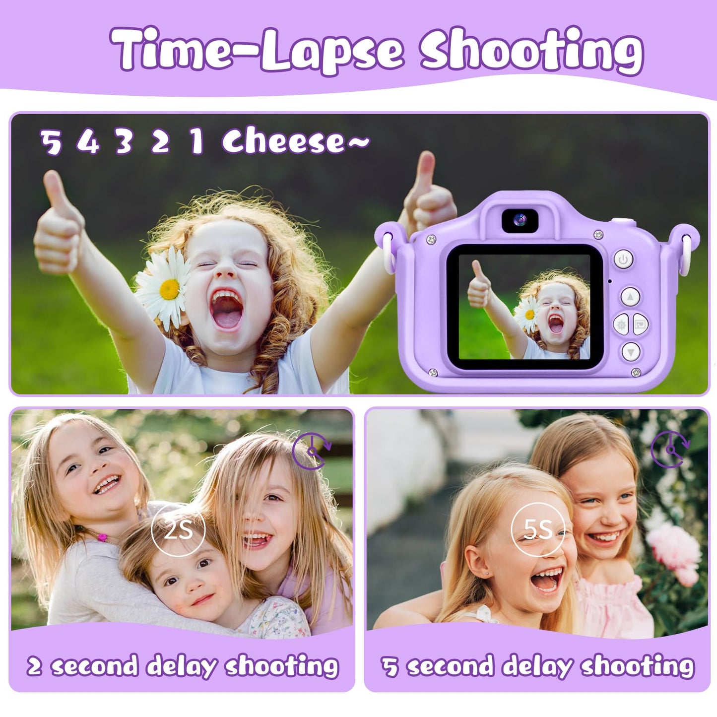 Purple unicorn toy camera displaying creative built-in digital photo frames