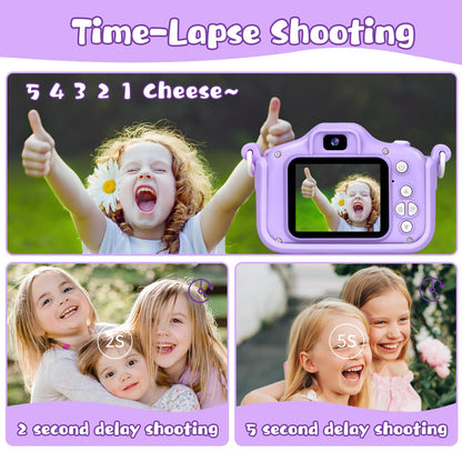 Purple unicorn toy camera displaying creative built-in digital photo frames