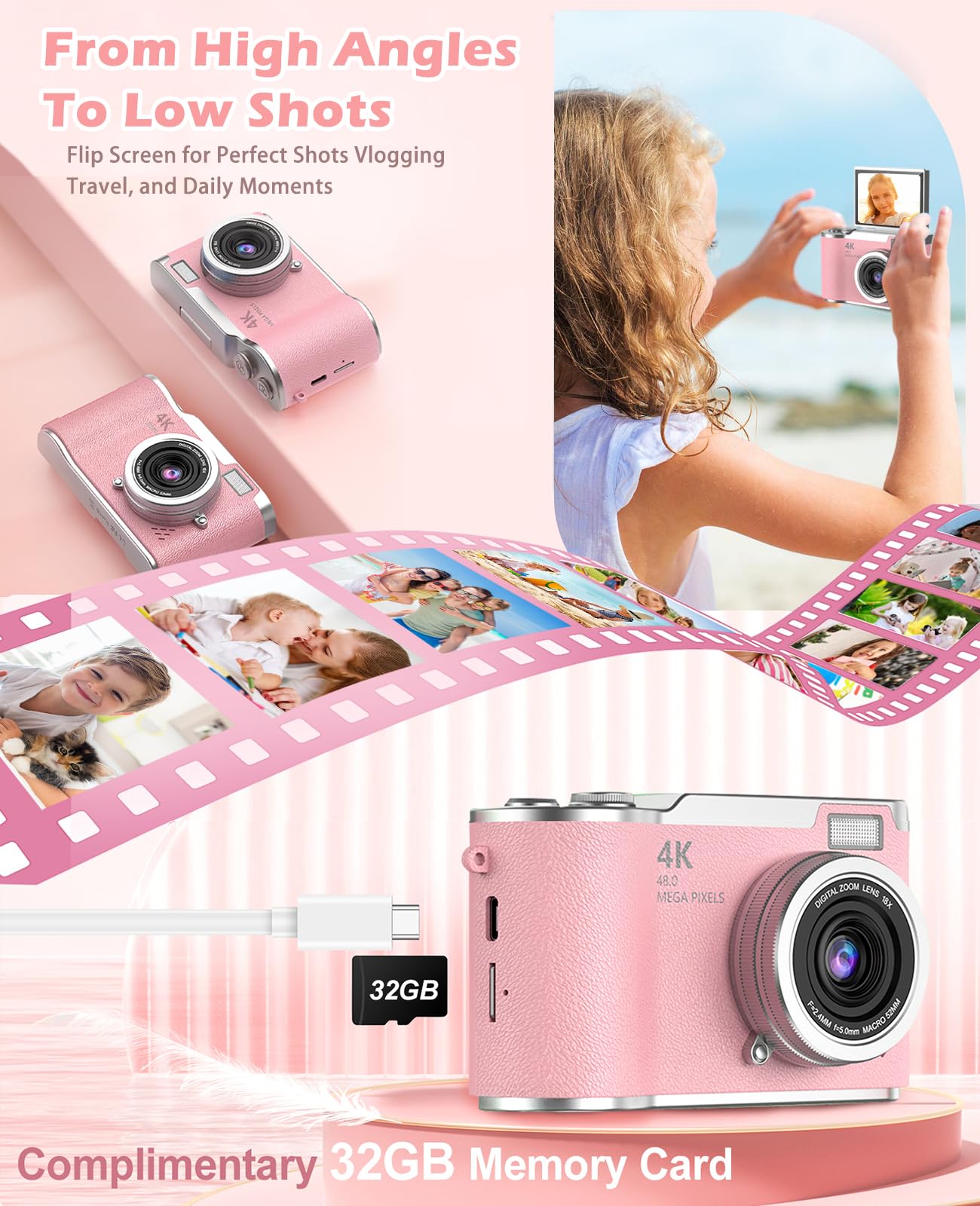 HEYMAO children photography camera with 180 degree flip screen extended for selfie mode