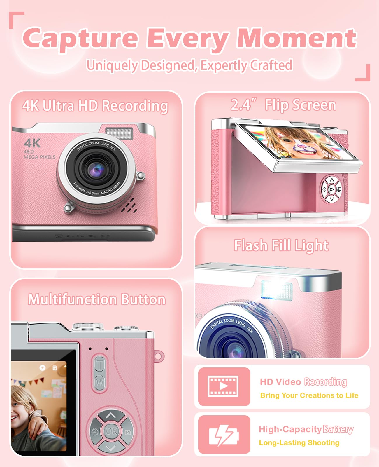 Back view of HEYMAO pink digital camera showing the 2.4 inch high definition display screen and buttons
