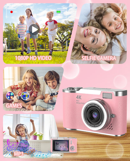 A child holding the compact pink HEYMAO digital camera demonstrating its portable size for small hands