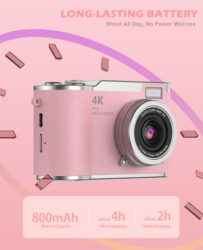 Close-up of the HEYMAO compact camera lens showing the 8x digital zoom and autofocus indicators