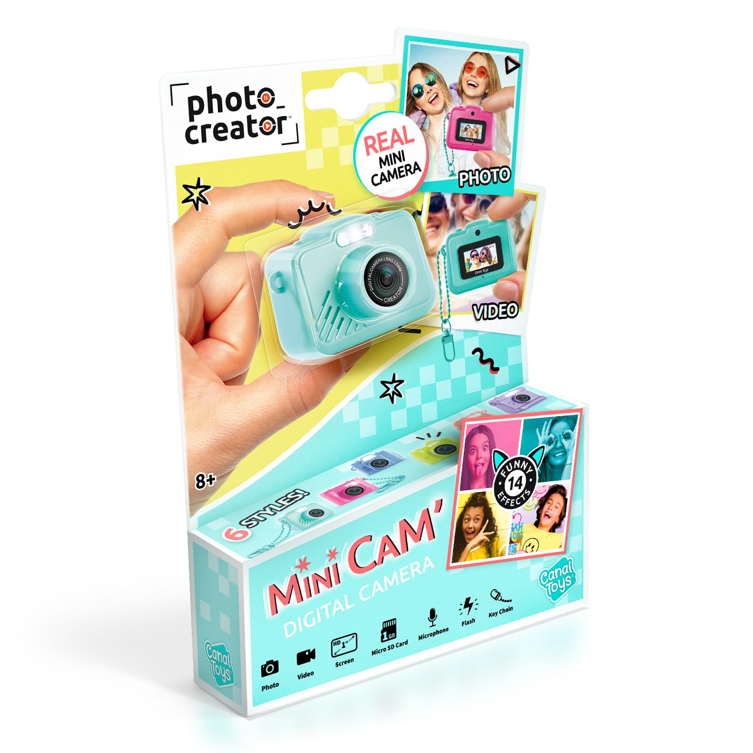 Canal Toys pocket camera attached to a backpack using the included portable keyring accessory.