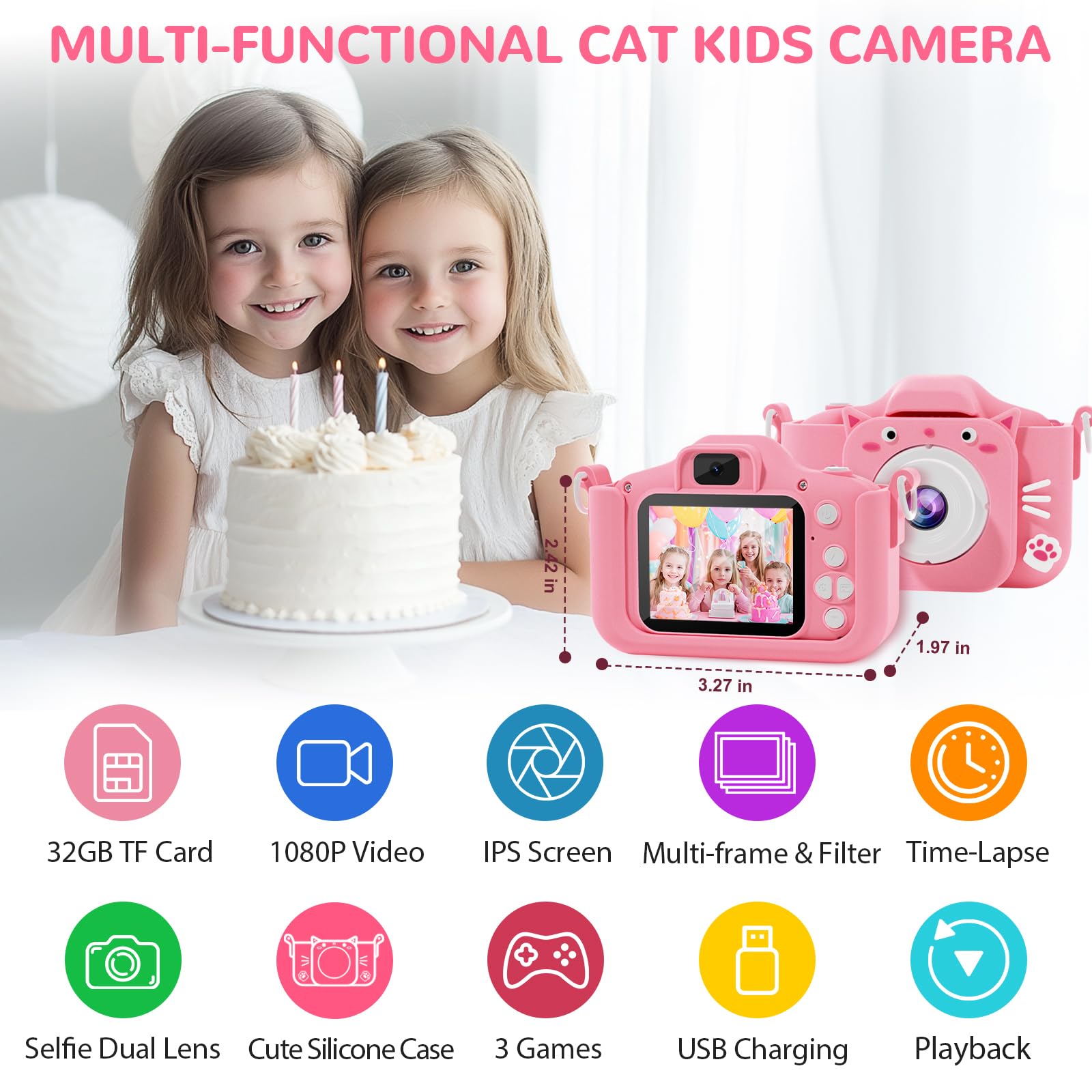 SplashNSpray kids camera displaying the clear liquid crystal display screen and easy-to-use back buttons.