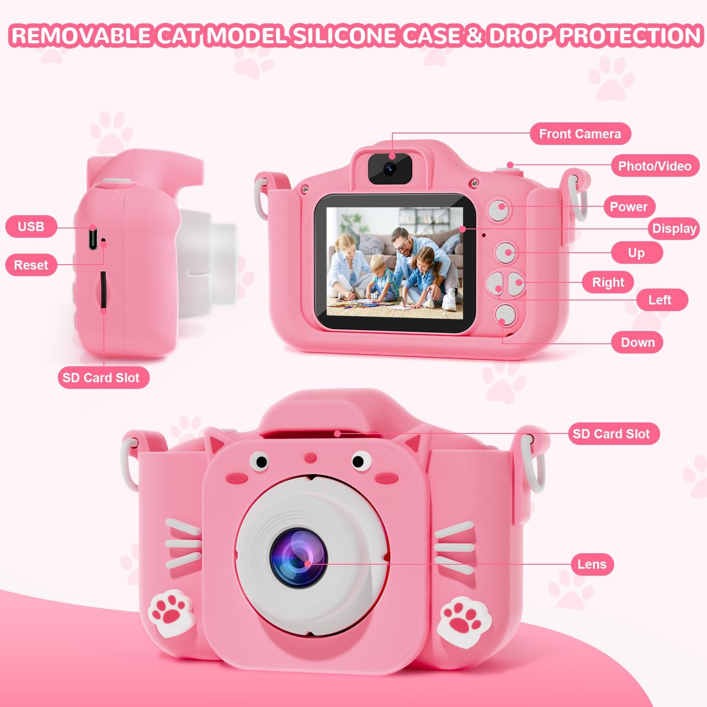 Side profile of the shockproof toy camera highlighting the thick drop-proof silicone ear and paw design details.