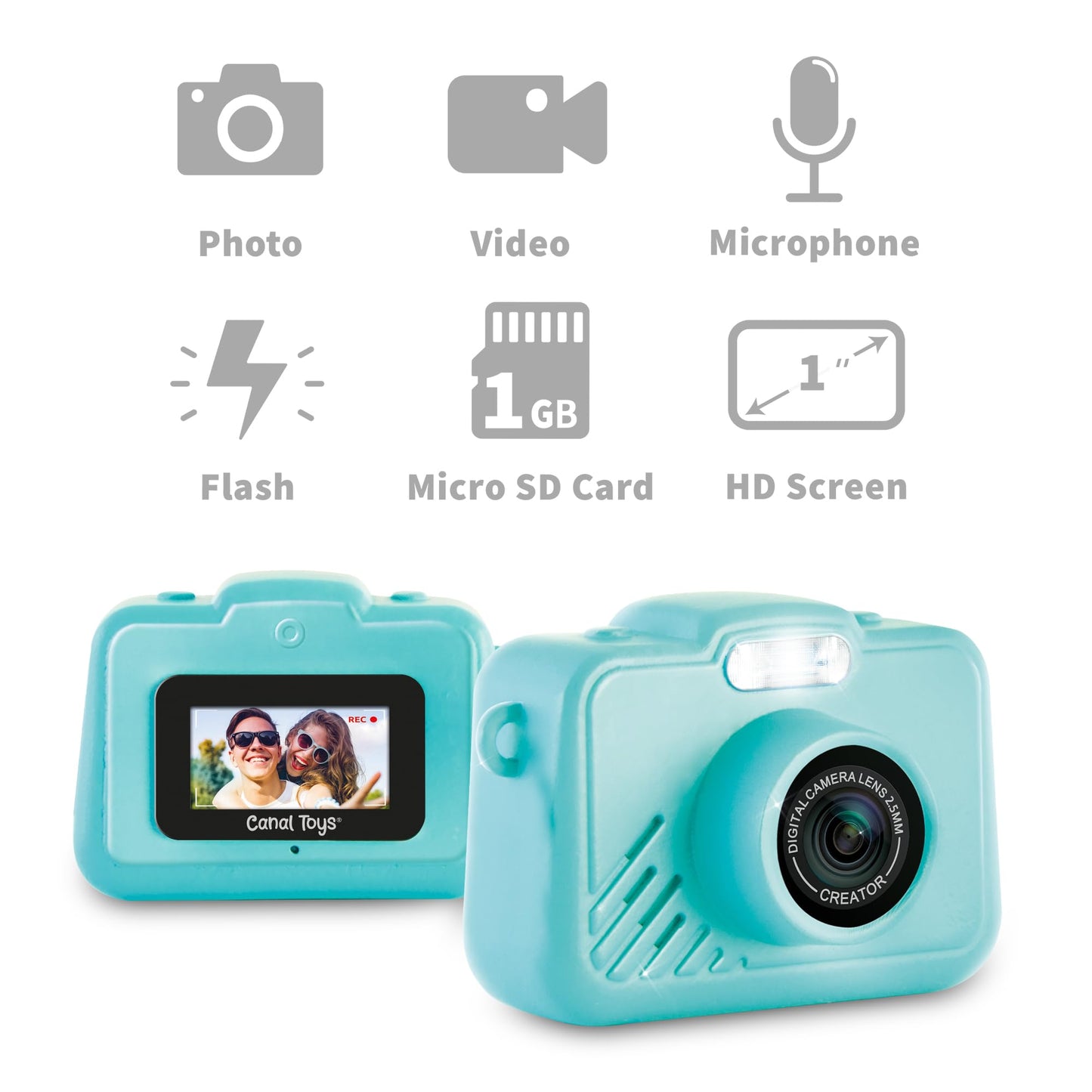 Canal Toys miniature camera held between fingers to highlight its ultra-compact four centimeter scale.