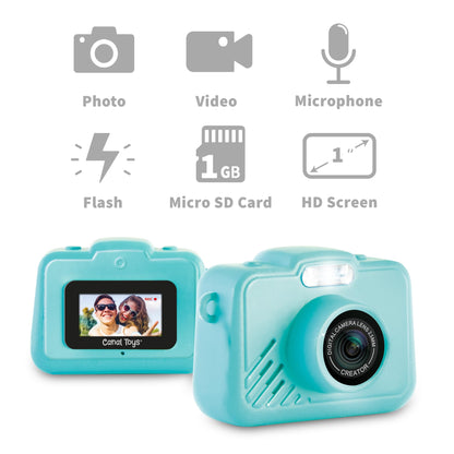 Canal Toys miniature camera held between fingers to highlight its ultra-compact four centimeter scale.
